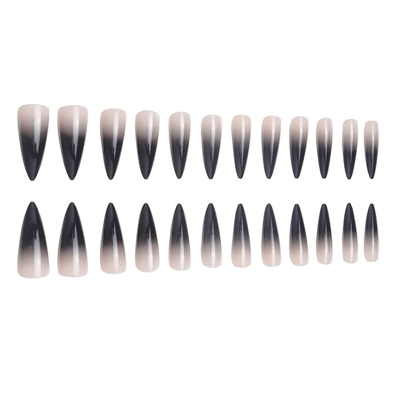 SINHOT Stiletto Press on Nails Extra Long Fake Nails with Glue Glossy False Nails with Black Gradient Designs Full Cover Almond Acrylic Nail 24pcs - Image 3